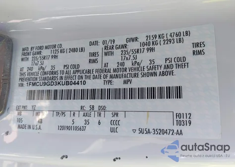 2019 Ford Escape Se from USA, damaged, VIN 1FMCU9GD3KUB04410